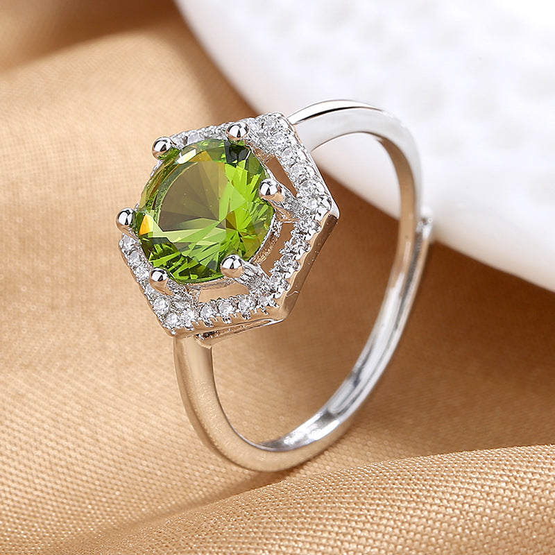 Retro luxury temperament six-sided hollow open ring fashion adjustable inlaid cultivated olive green zircon ring