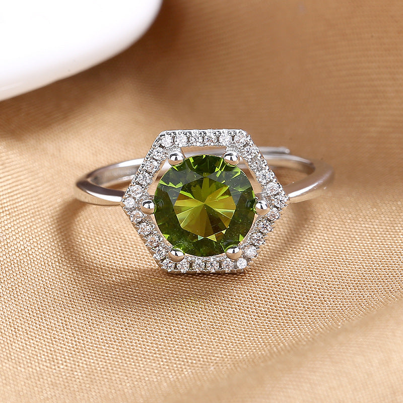Retro luxury temperament six-sided hollow open ring fashion adjustable inlaid cultivated olive green zircon ring