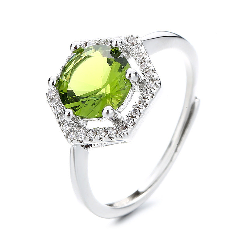 Retro luxury temperament six-sided hollow open ring fashion adjustable inlaid cultivated olive green zircon ring