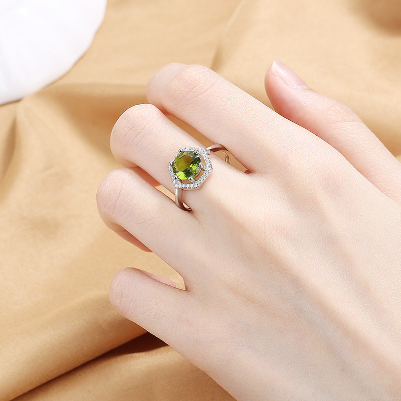 Retro luxury temperament six-sided hollow open ring fashion adjustable inlaid cultivated olive green zircon ring