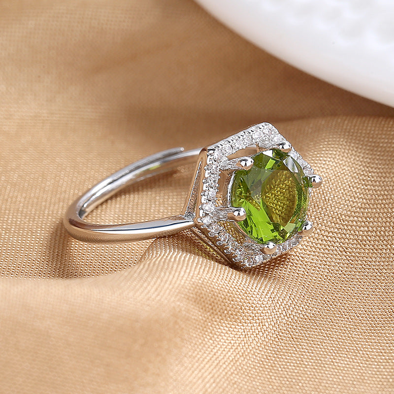 Retro luxury temperament six-sided hollow open ring fashion adjustable inlaid cultivated olive green zircon ring