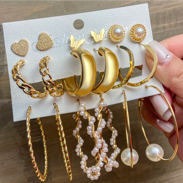 Trendy Exquisite Pearl Metal Earrings Set For Women Geometric Circle Dangle Drop Earrings Acrylic Set of Earrings Jewelry