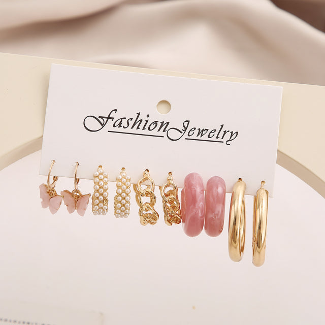 Trendy Exquisite Pearl Metal Earrings Set For Women Geometric Circle Dangle Drop Earrings Acrylic Set of Earrings Jewelry