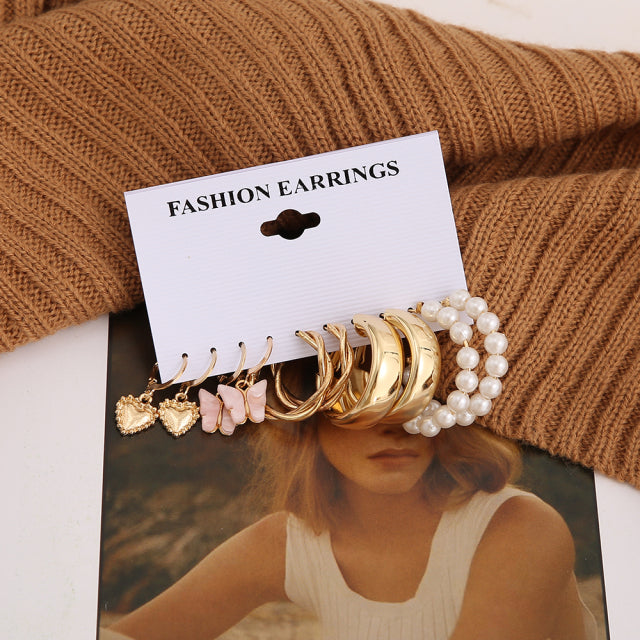 Trendy Exquisite Pearl Metal Earrings Set For Women Geometric Circle Dangle Drop Earrings Acrylic Set of Earrings Jewelry