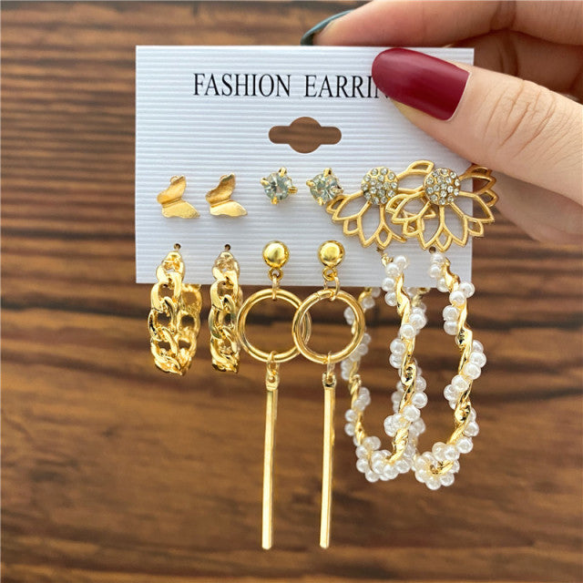 Trendy Exquisite Pearl Metal Earrings Set For Women Geometric Circle Dangle Drop Earrings Acrylic Set of Earrings Jewelry