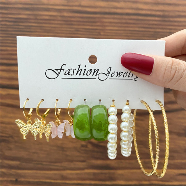 Trendy Exquisite Pearl Metal Earrings Set For Women Geometric Circle Dangle Drop Earrings Acrylic Set of Earrings Jewelry