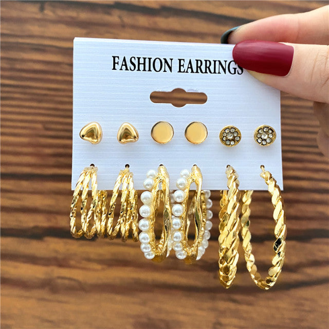 Trendy Exquisite Pearl Metal Earrings Set For Women Geometric Circle Dangle Drop Earrings Acrylic Set of Earrings Jewelry
