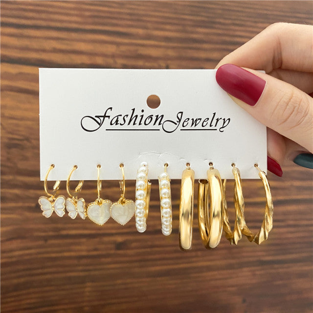 Trendy Exquisite Pearl Metal Earrings Set For Women Geometric Circle Dangle Drop Earrings Acrylic Set of Earrings Jewelry