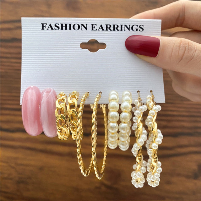 Trendy Exquisite Pearl Metal Earrings Set For Women Geometric Circle Dangle Drop Earrings Acrylic Set of Earrings Jewelry