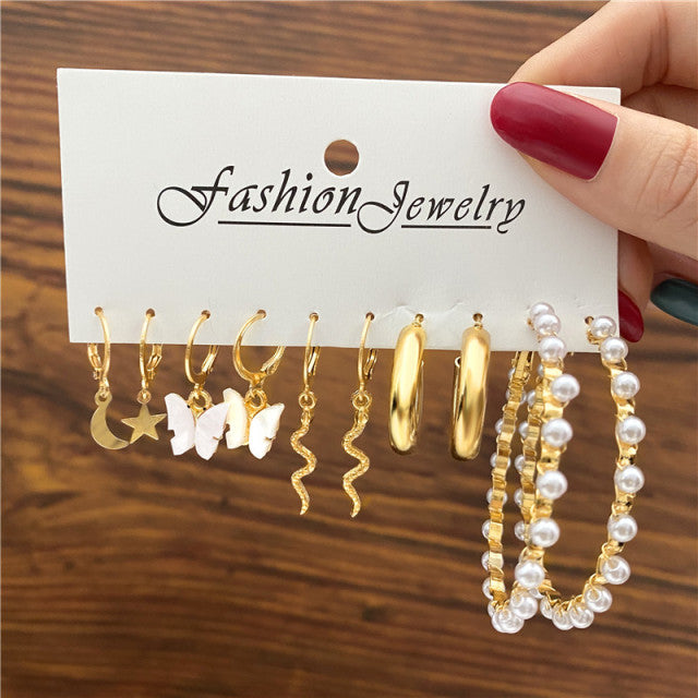 Trendy Exquisite Pearl Metal Earrings Set For Women Geometric Circle Dangle Drop Earrings Acrylic Set of Earrings Jewelry